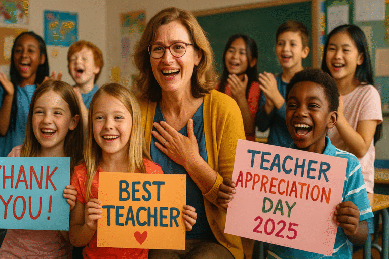 Happy students surprise their teacher with handmade appreciation signs in a warm classroom celebration – Teacher Appreciation Day 2025
