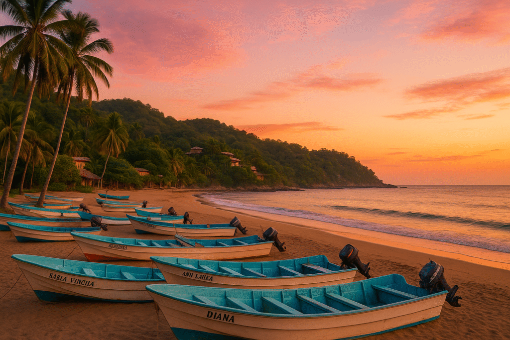 Mexican beach with boats at sunset