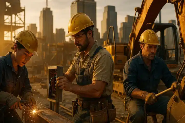 Skilled trade workers at a construction site during golden hour