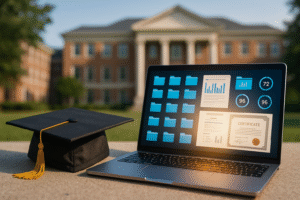 Graduation cap beside a laptop displaying certificates and project folders