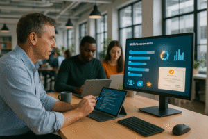 Hiring manager reviewing digital skill assessments on a computer