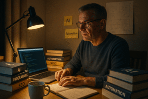 Man studying at night with programming books and a laptop