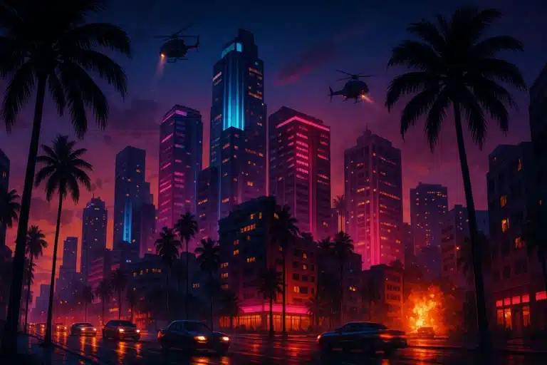 GTA 6 Vice City skyline with helicopters and explosions at night