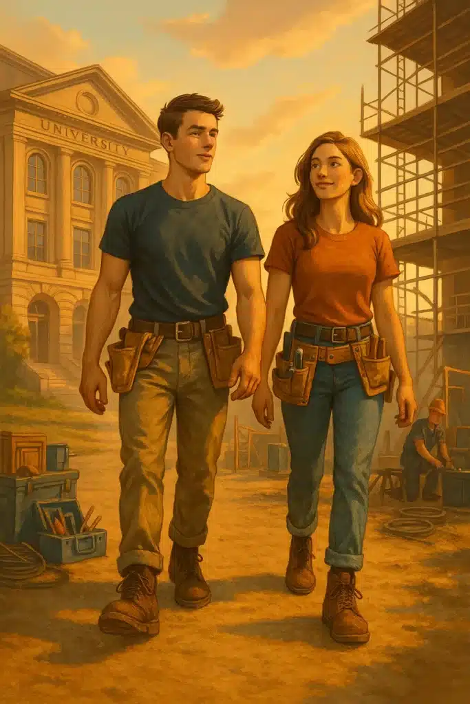 Young man and woman with tool belts walking toward a construction site, leaving a university behind