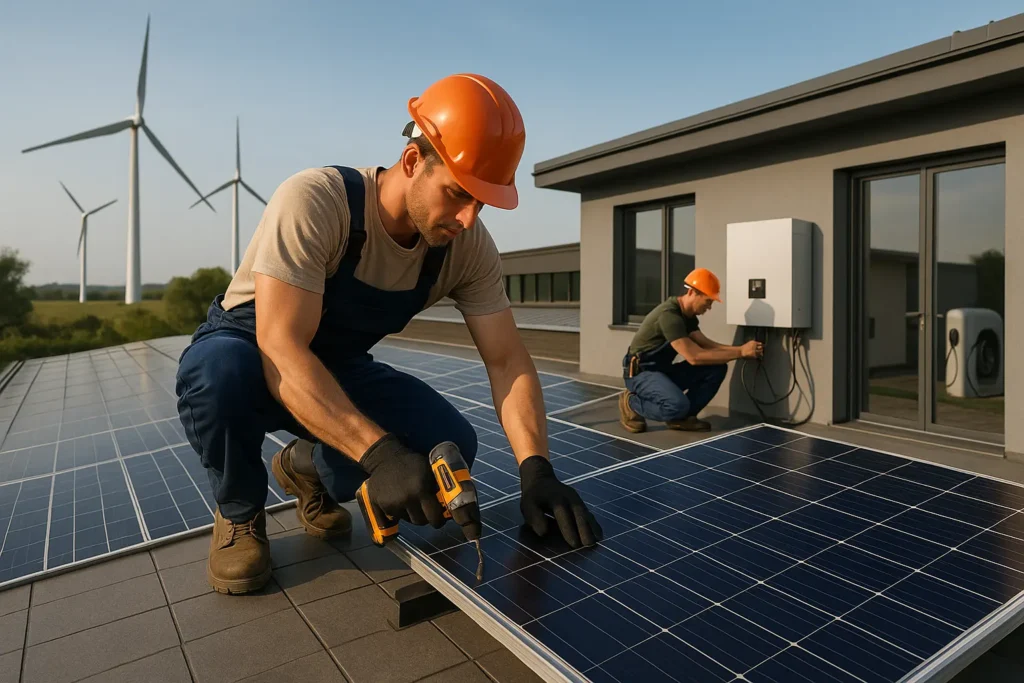 Electricians installing solar panels and wiring battery storage with wind turbines in background