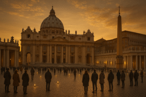 St. Peter’s Square with candles and sunset, symbolizing a world waiting for new papal leadership