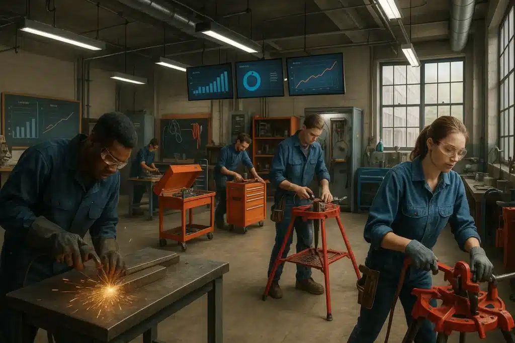 Vocational students training in welding, plumbing, and electrical work in a modern workshop