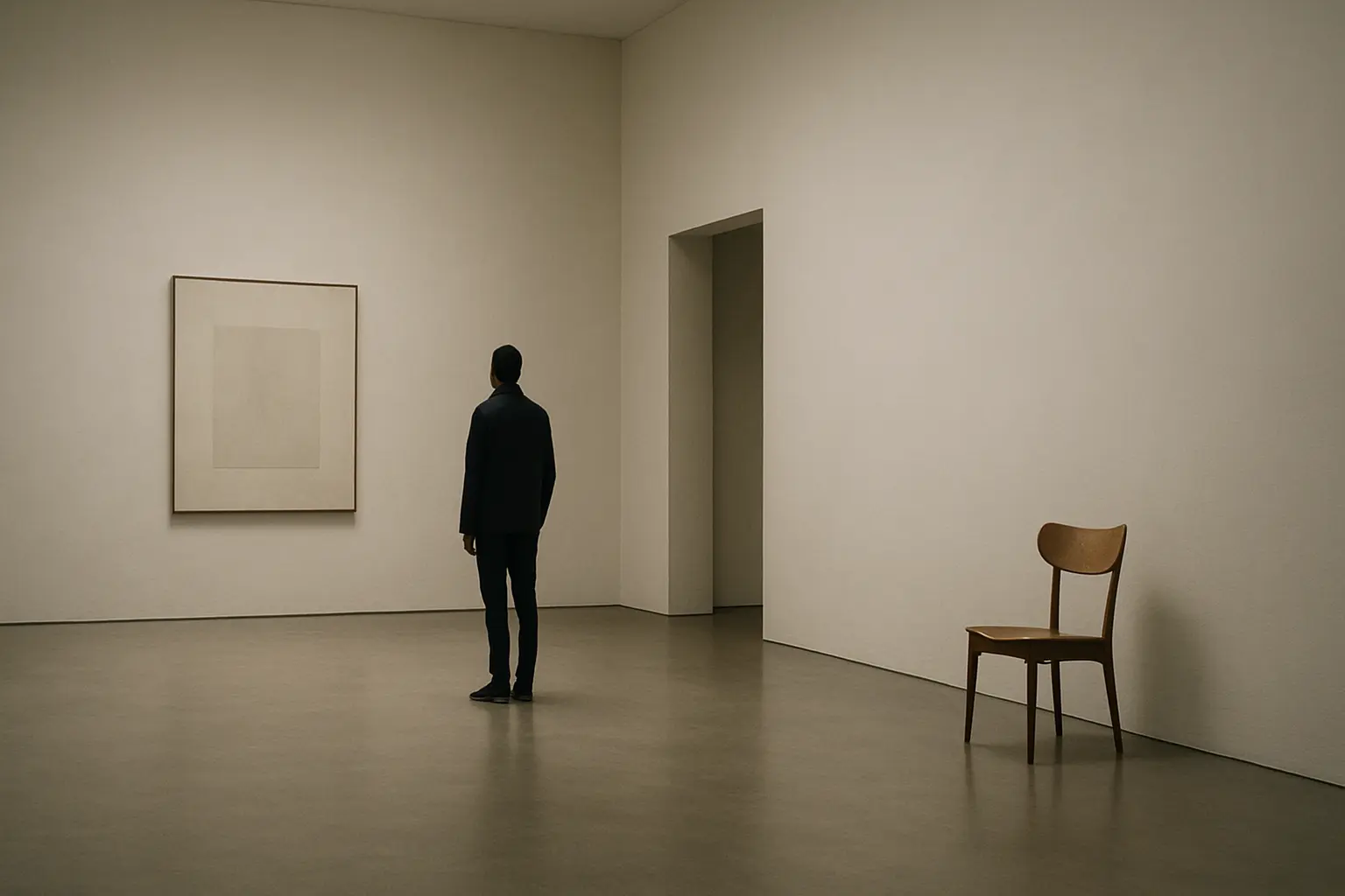 Minimalist space with one person observing a single piece of art.