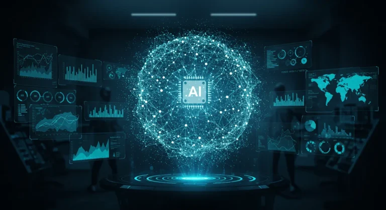 Futuristic AI Agent as a glowing orb orchestrating multiple complex tasks on holographic displays, symbolizing autonomous AI future.