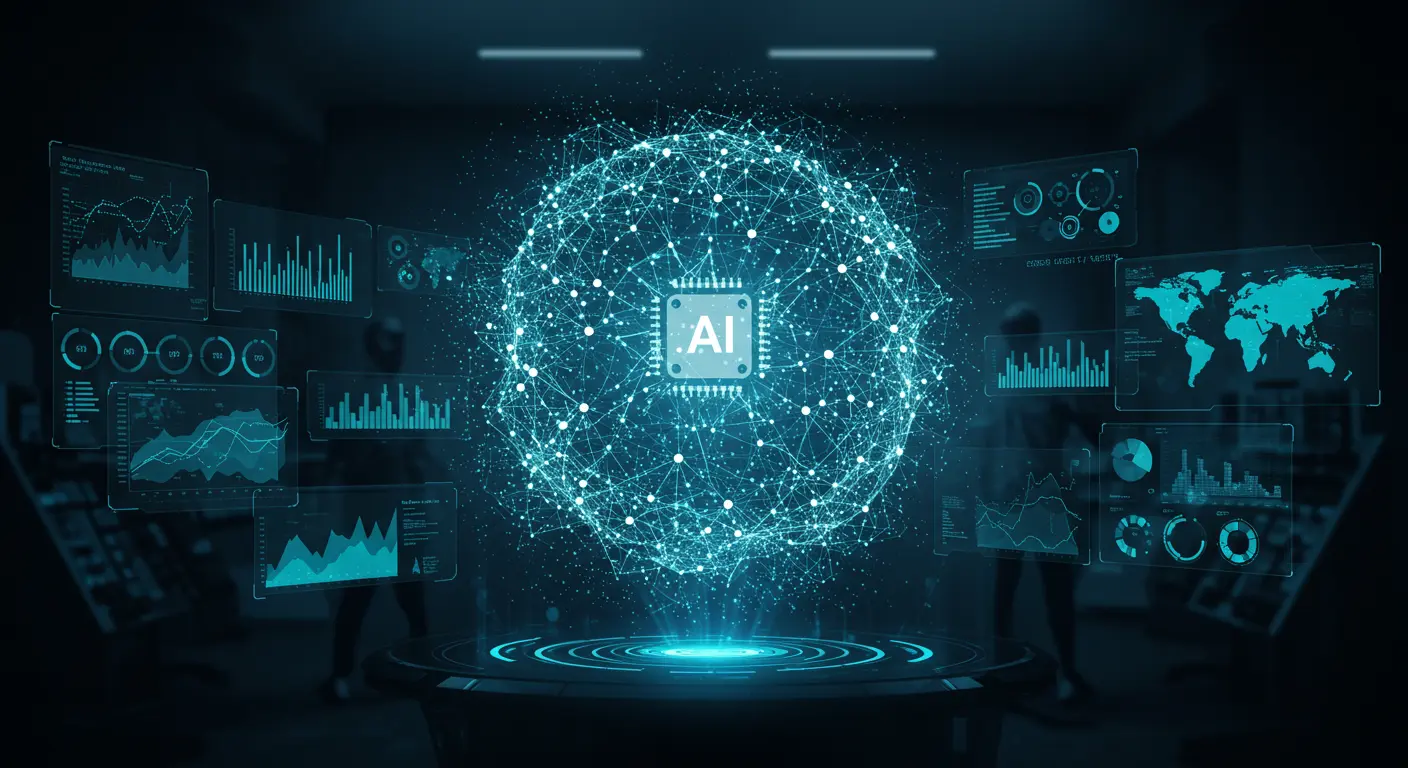 Futuristic AI Agent as a glowing orb orchestrating multiple complex tasks on holographic displays, symbolizing autonomous AI future.
