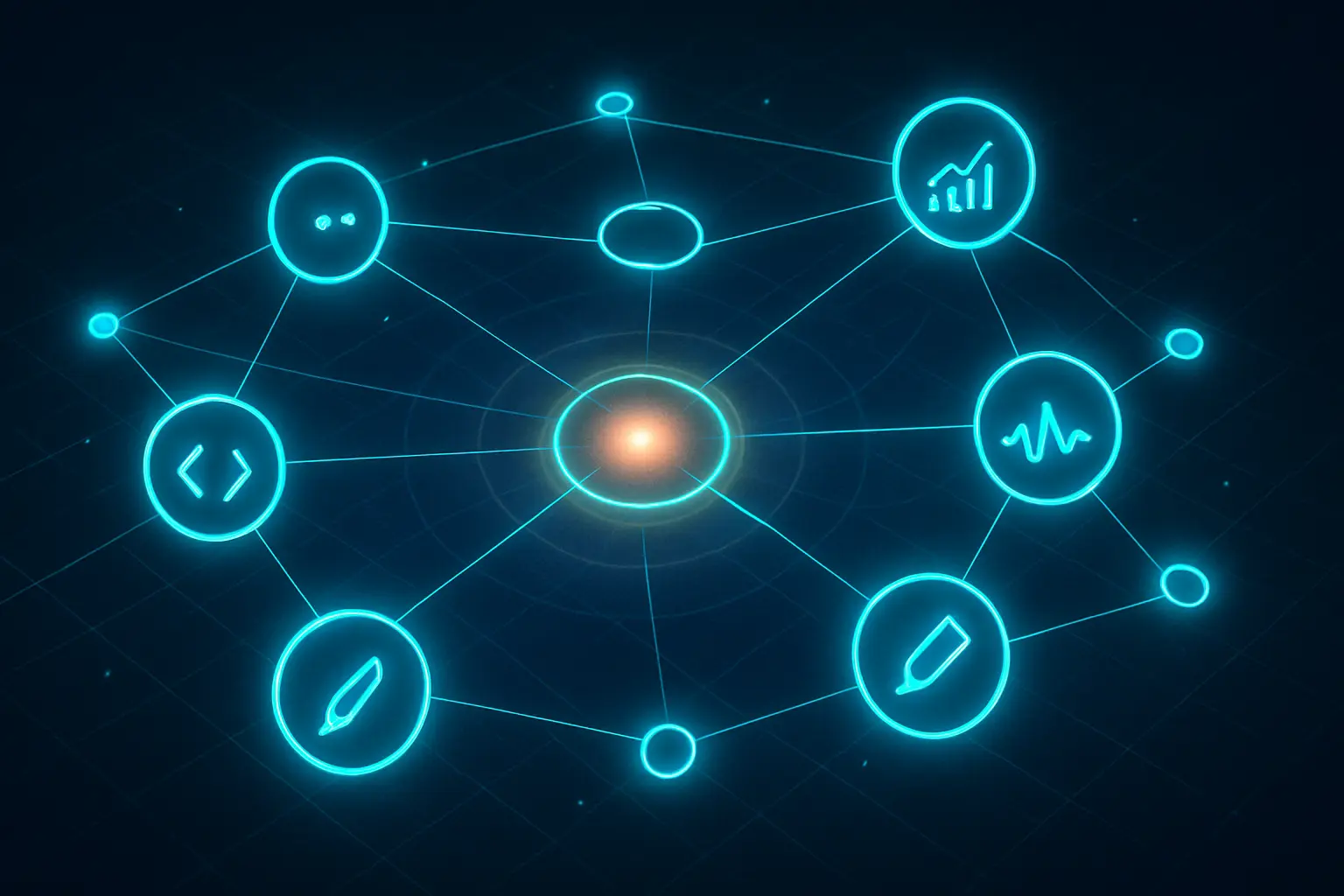 AI agents collaborating around a digital roundtable, each with a unique task