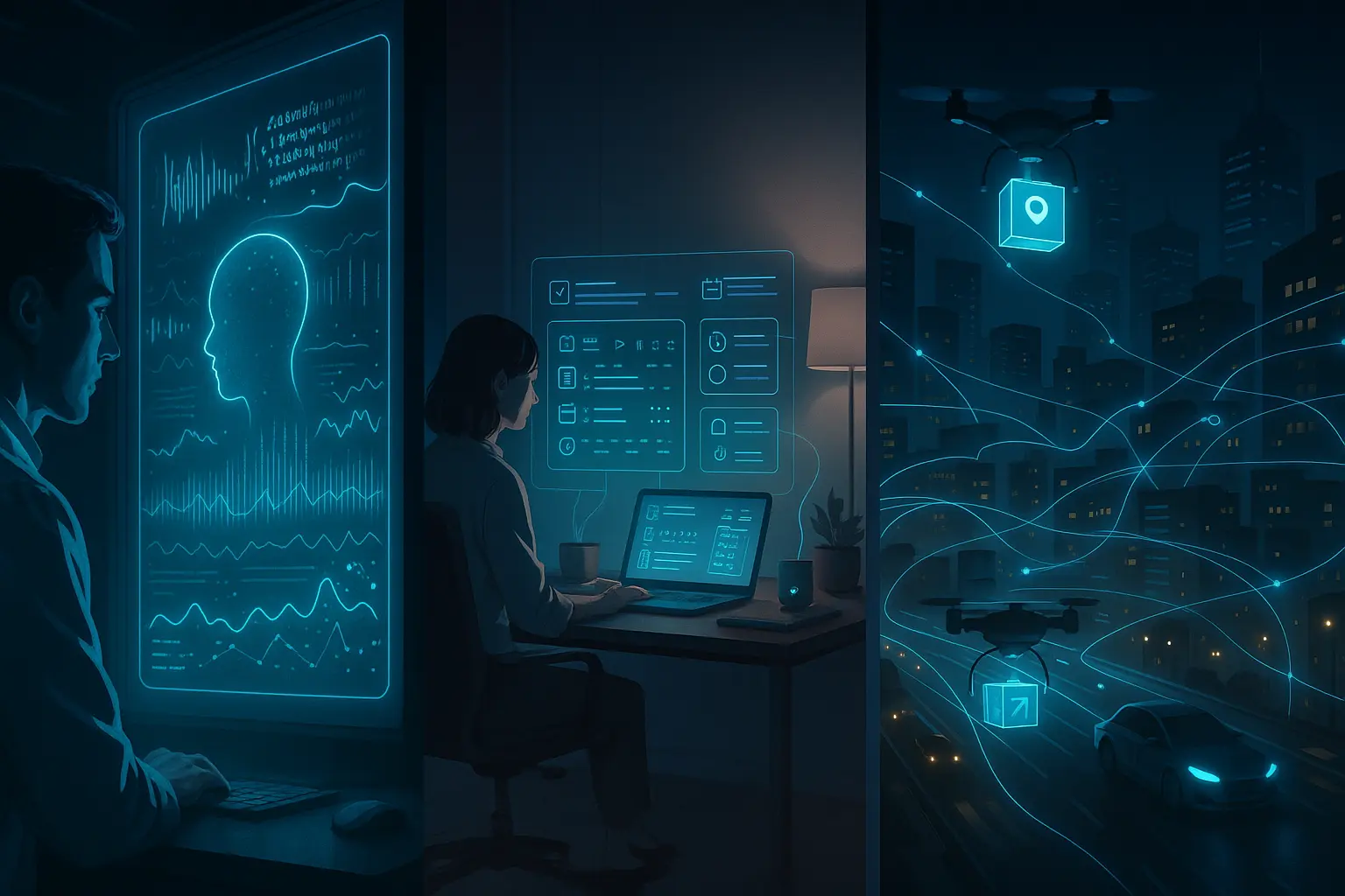 Montage showcasing AI agents revolutionizing science, personal assistance in a smart home, and urban operations management.