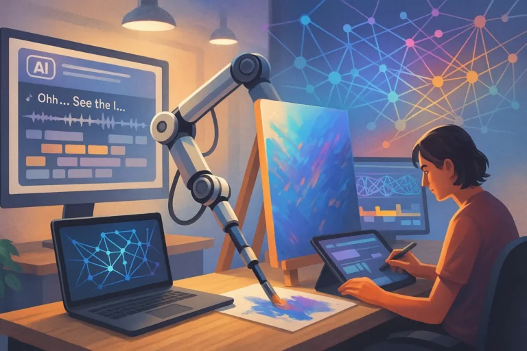 Creative Industries - Creative workspace with AI tools assisting in music, art, and design projects
