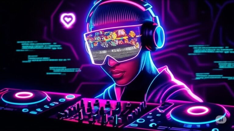Stylized DJ with visor reflecting retro game sprites, surrounded by neon glitch effects of old media formats like cassettes and vinyls, signifying AI curating nostalgia.