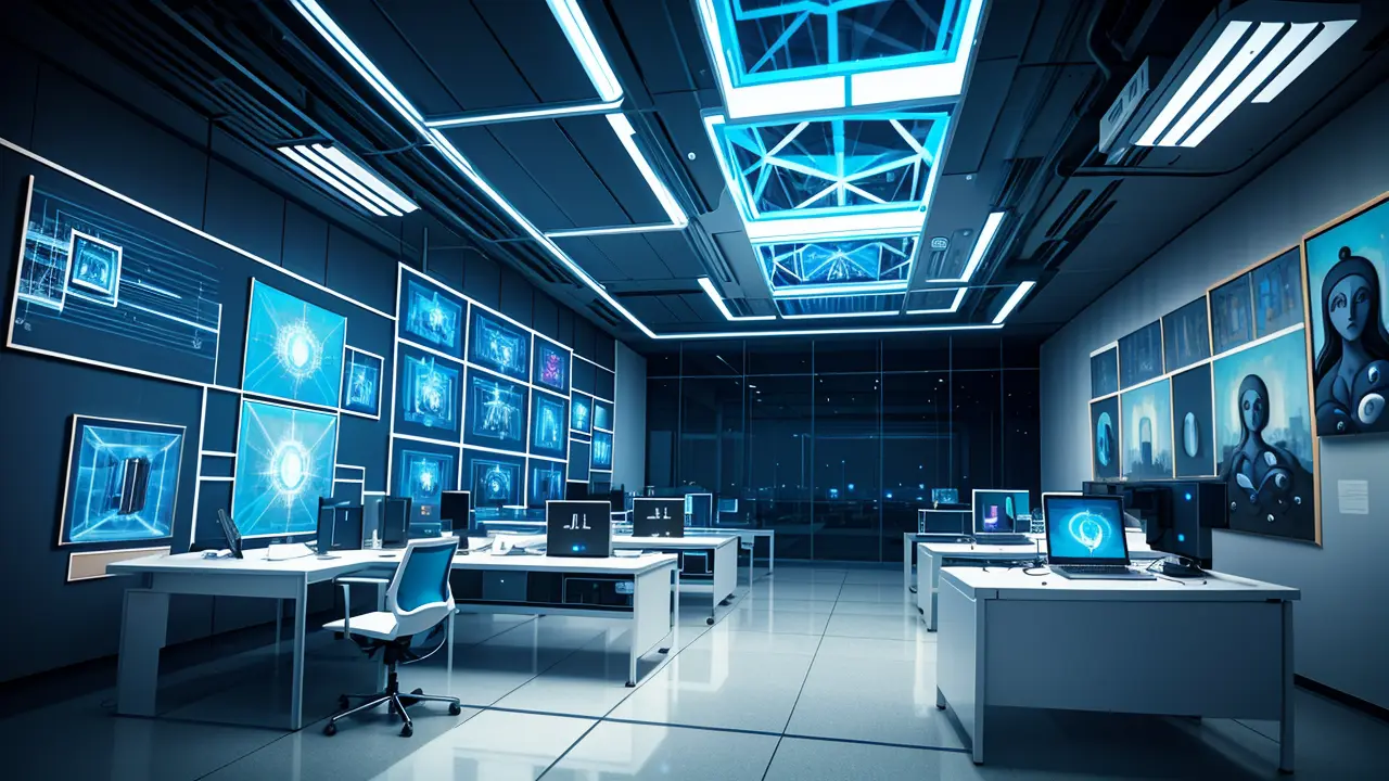 A futuristic office filled with AI-generated holograms at workstations