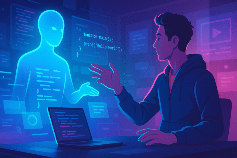 Vibe Coding - Developer collaborating with a holographic AI assistant in a futuristic workspace