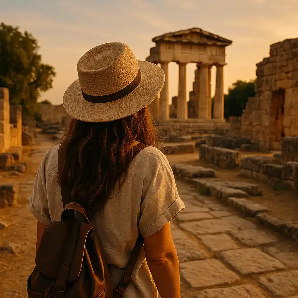 Woman with backpack exploring ancient ruins in golden light