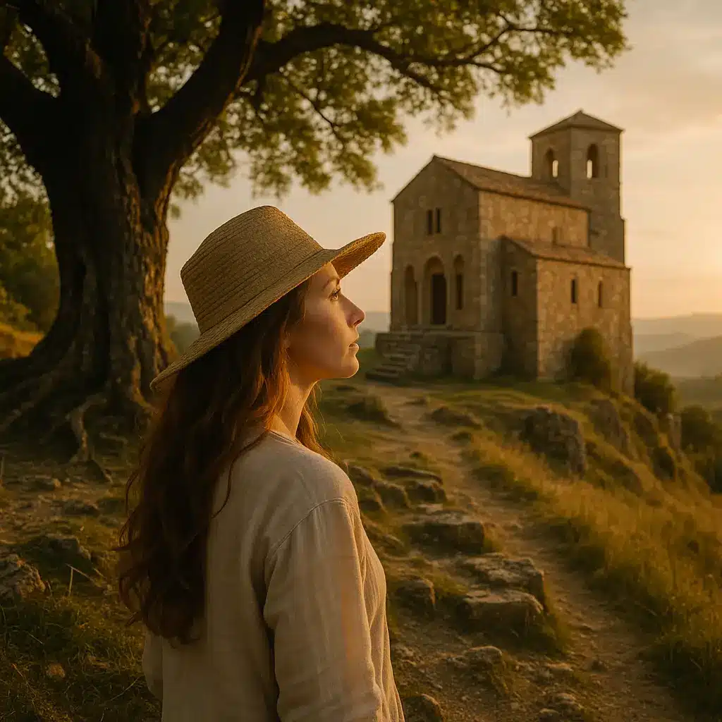 Woman looking toward an old stone chapel at golden hour, framed by ancient tree