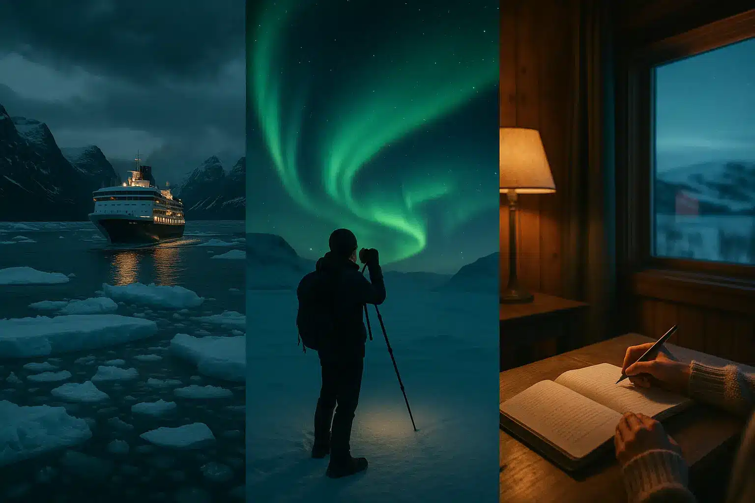 Collage of Arctic cruise ship, aurora photographer, and traveler journaling in warm cabin