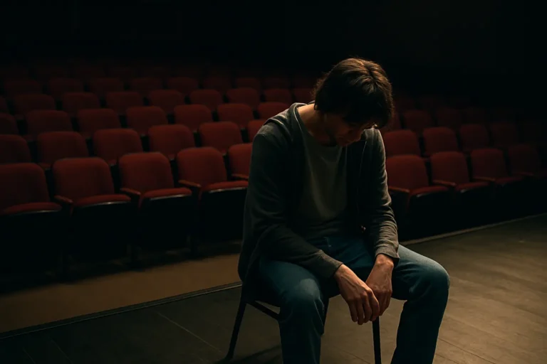 Authenticity Burnout - A person sits alone on a dimly lit theater stage, surrounded by empty chairs, resting with quiet exhaustion.