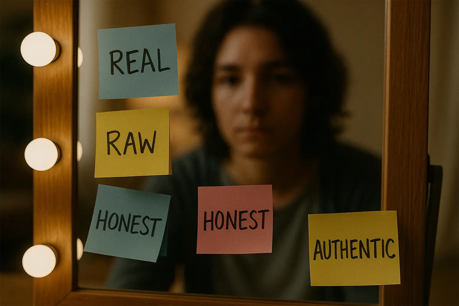 A person’s reflection is blurred behind a vanity mirror filled with sticky notes labeled “real,” “raw,” “honest,” and “authentic.”