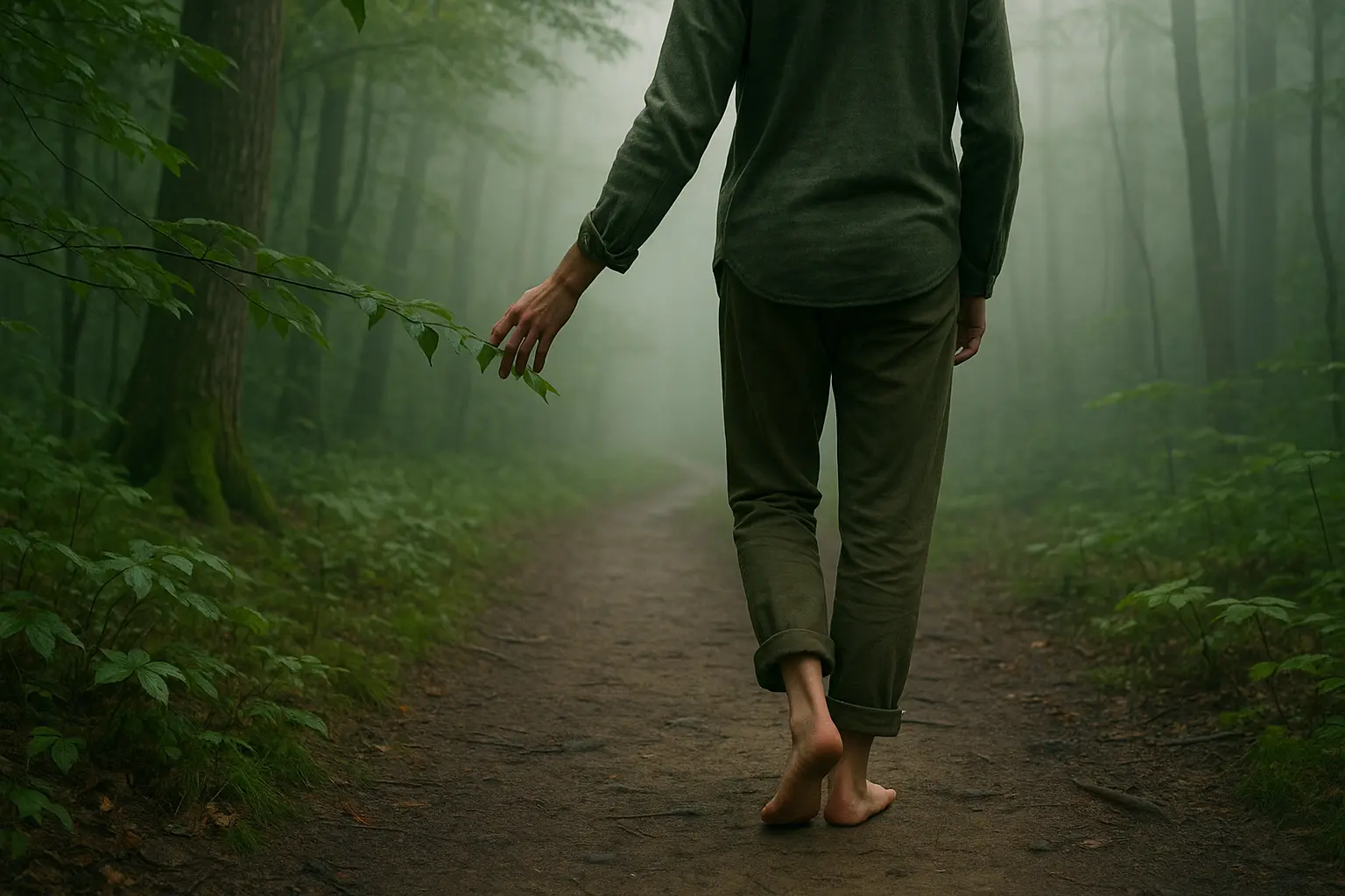 A person walks barefoot along a quiet forest path, gently touching leaves, surrounded by morning mist.