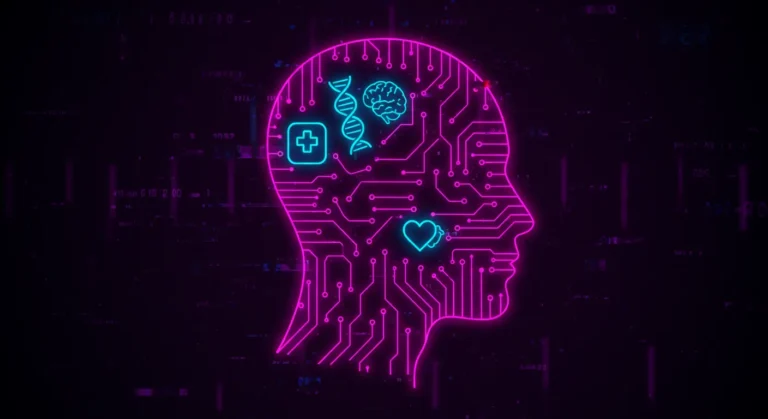 Stylized human silhouette with neon circuit patterns and icons like DNA and a smart ring, representing the bio-hacking trend of upgrading oneself with technology.