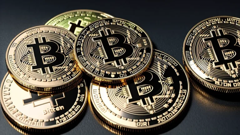 Glowing Bitcoin symbol above a quiet financial district at dawn with empty streets