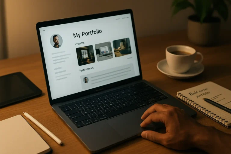 Career Portfolios - Professional reviewing their digital portfolio on a clean, modern workspace