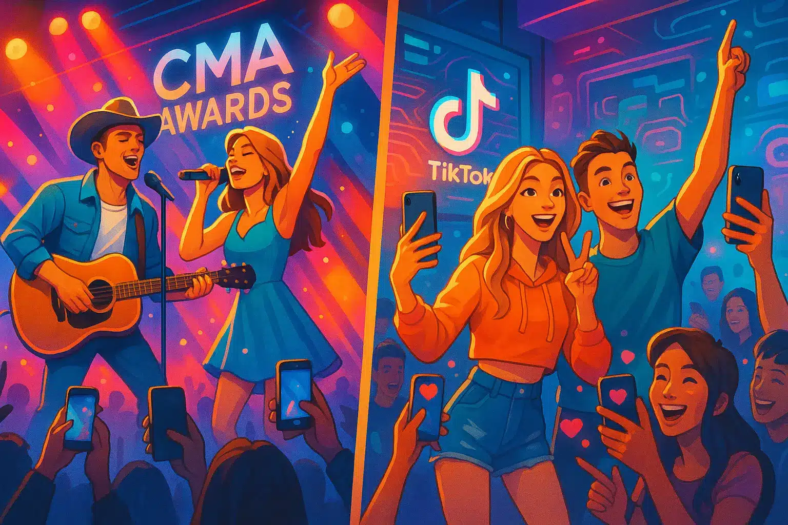 Split scene showing a country duo performing on stage and influencers live-streaming from backstage