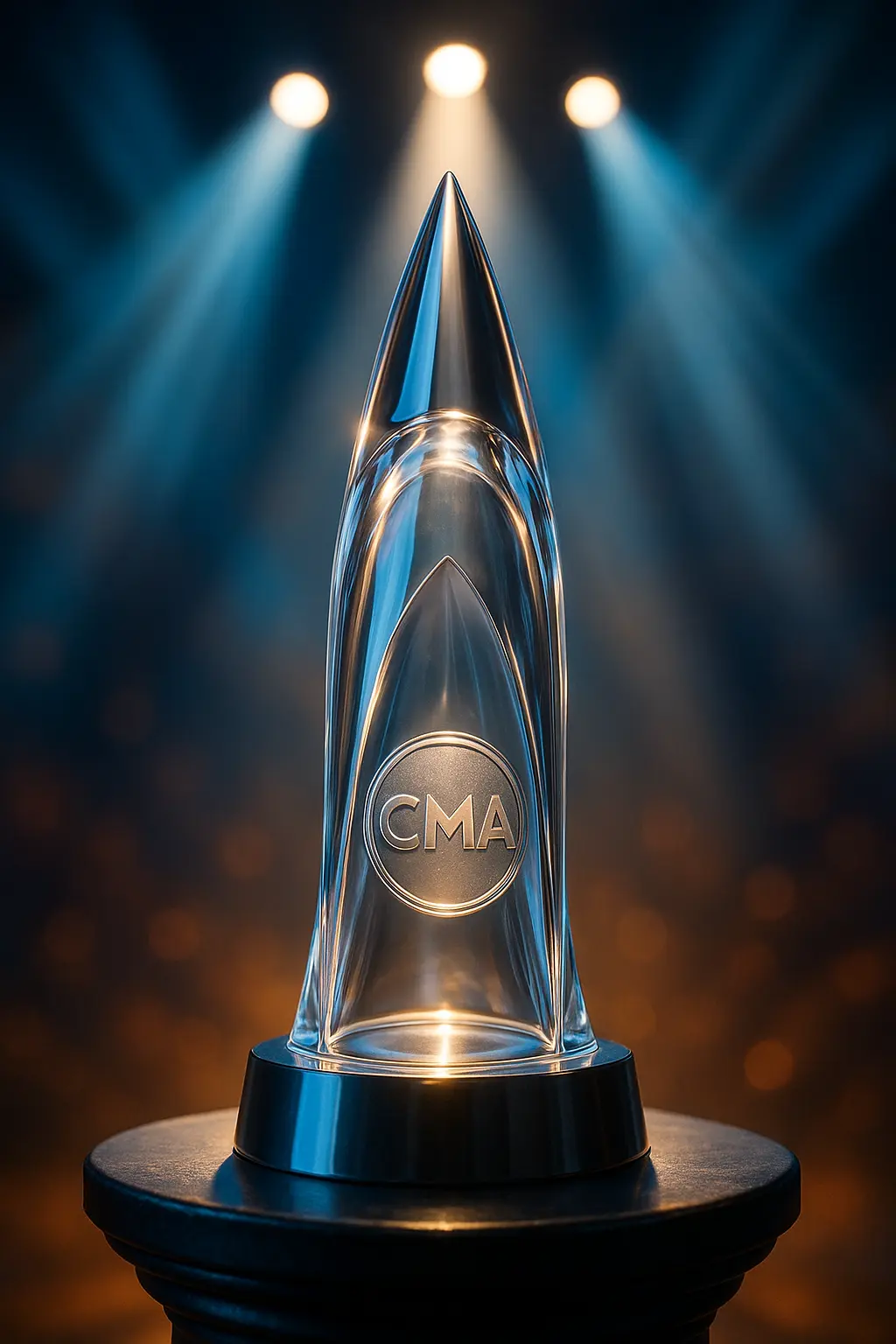 A crystal CMA Award trophy on a black pedestal under theatrical stage lights