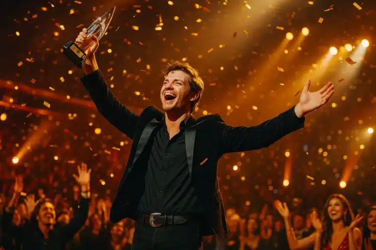 A young country artist celebrating on stage with confetti and a CMA trophy under golden lights