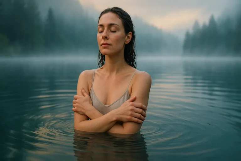 Cold Exposure - Woman standing waist-deep in a forest lake at dawn with mist and calm expression