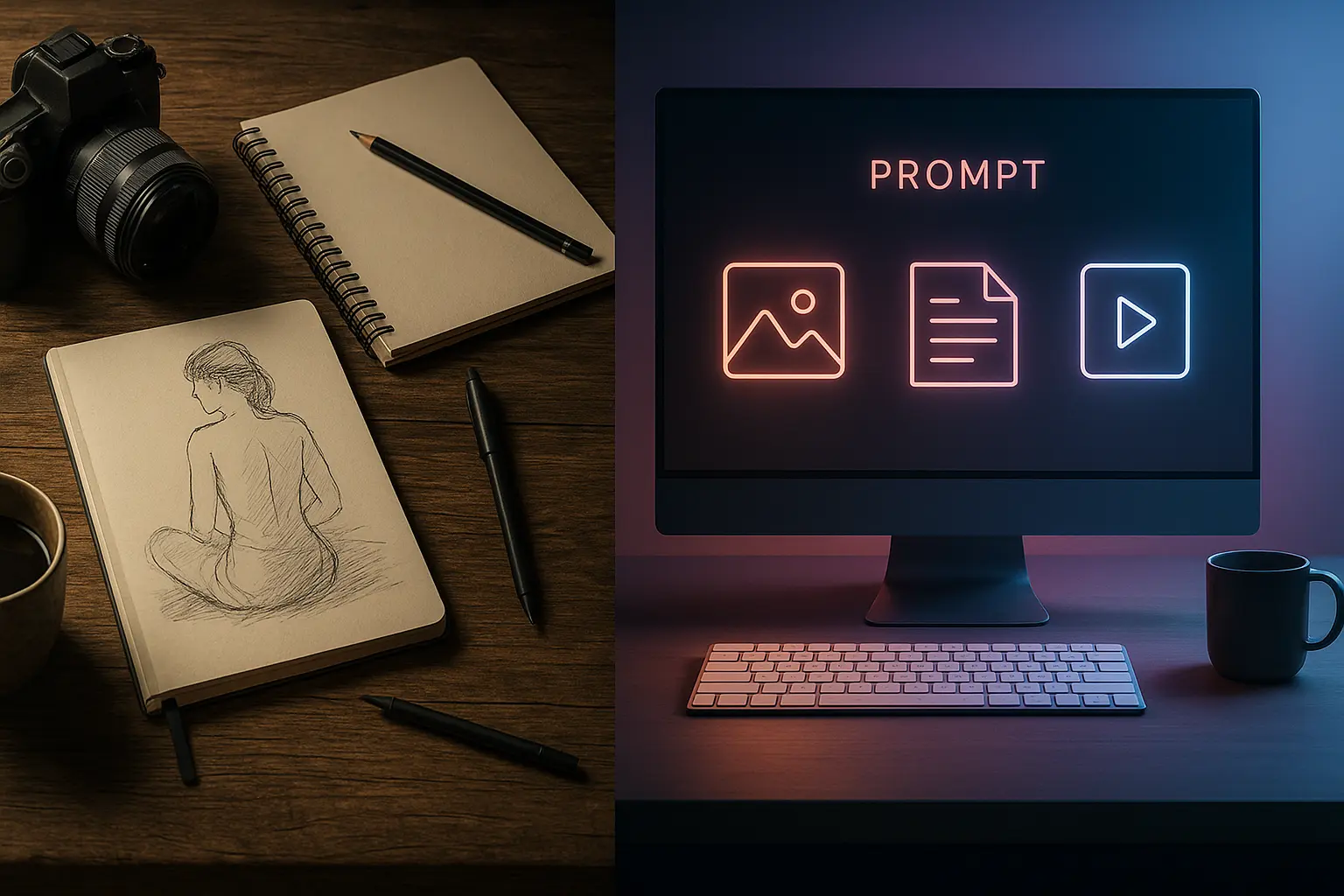 Split scene of creative team vs solo AI user generating content with prompt tools