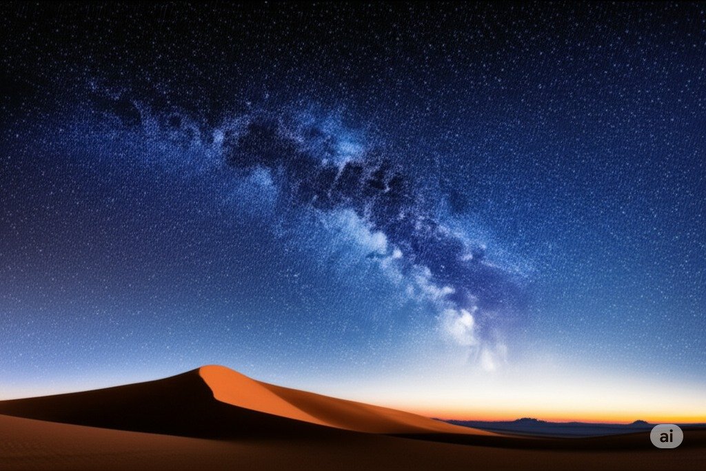 A vast desert landscape at night, with a brilliantly clear, starlit sky and the silhouette of a solitary rock formation or dune.