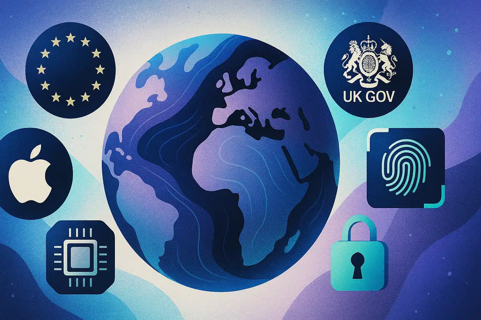 Globe with EU, Apple, and UK GOV symbols surrounded by identity icons