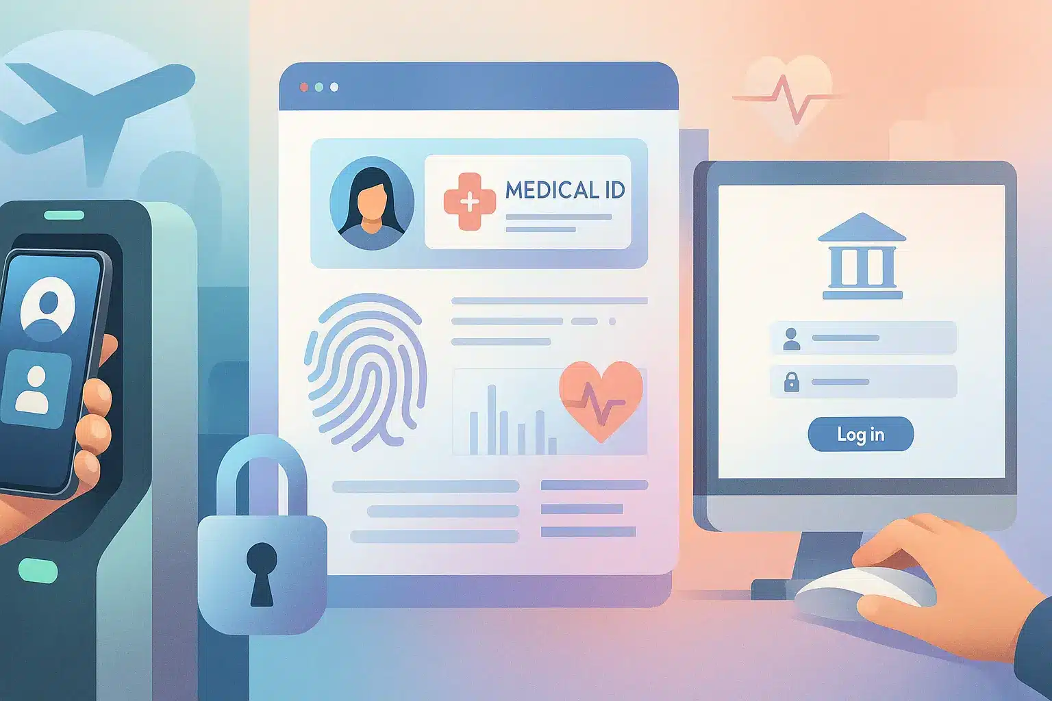 Collage of airport security, hospital ID system, and online banking login