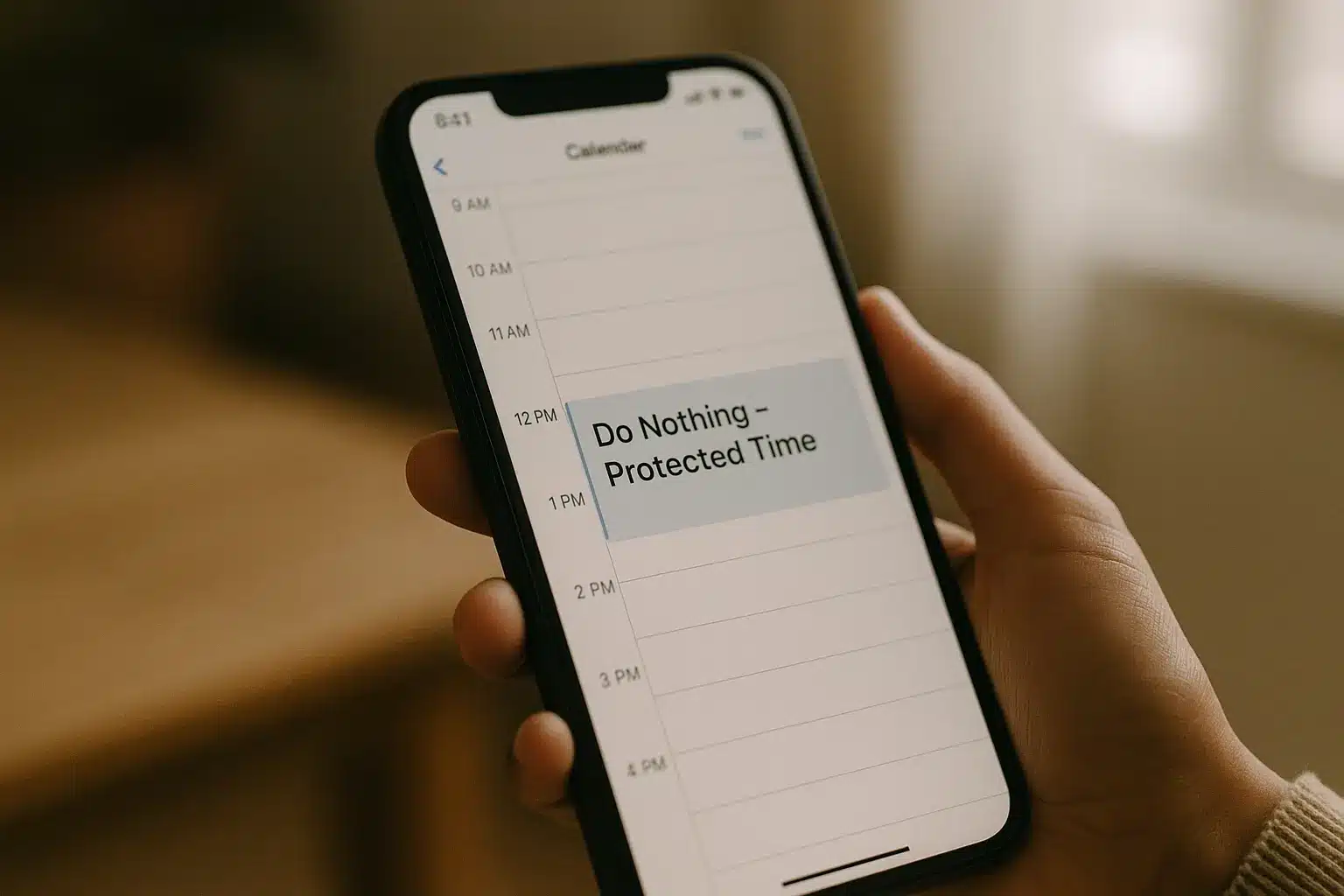A hand holds a smartphone showing a digital calendar with an event block labeled 'Do Nothing – Protected Time'.