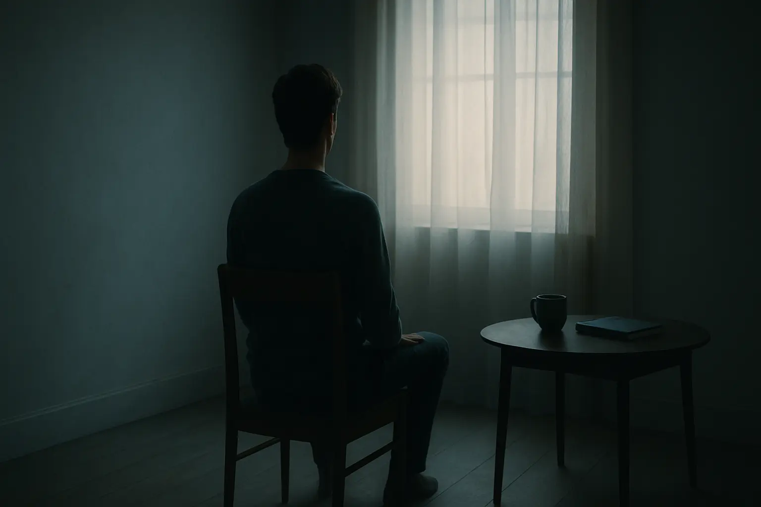 Solitary figure in a minimalist room, sitting calmly by a window in soft light.