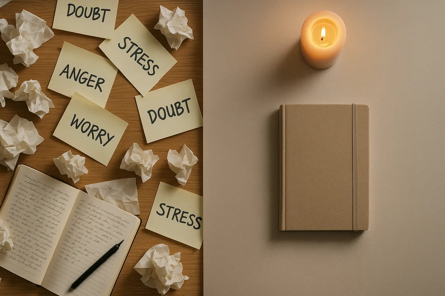Desk transforming from chaotic mess to minimalist calm with journal and candle.