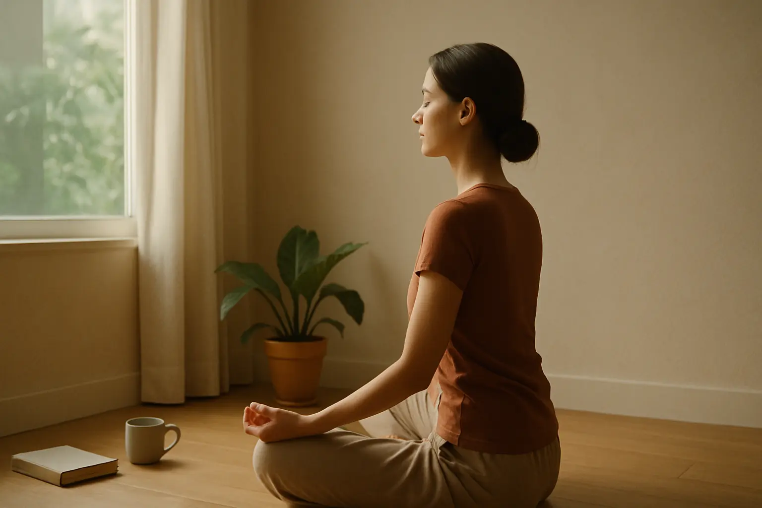 Person meditating near a window in a minimalist, peaceful space.