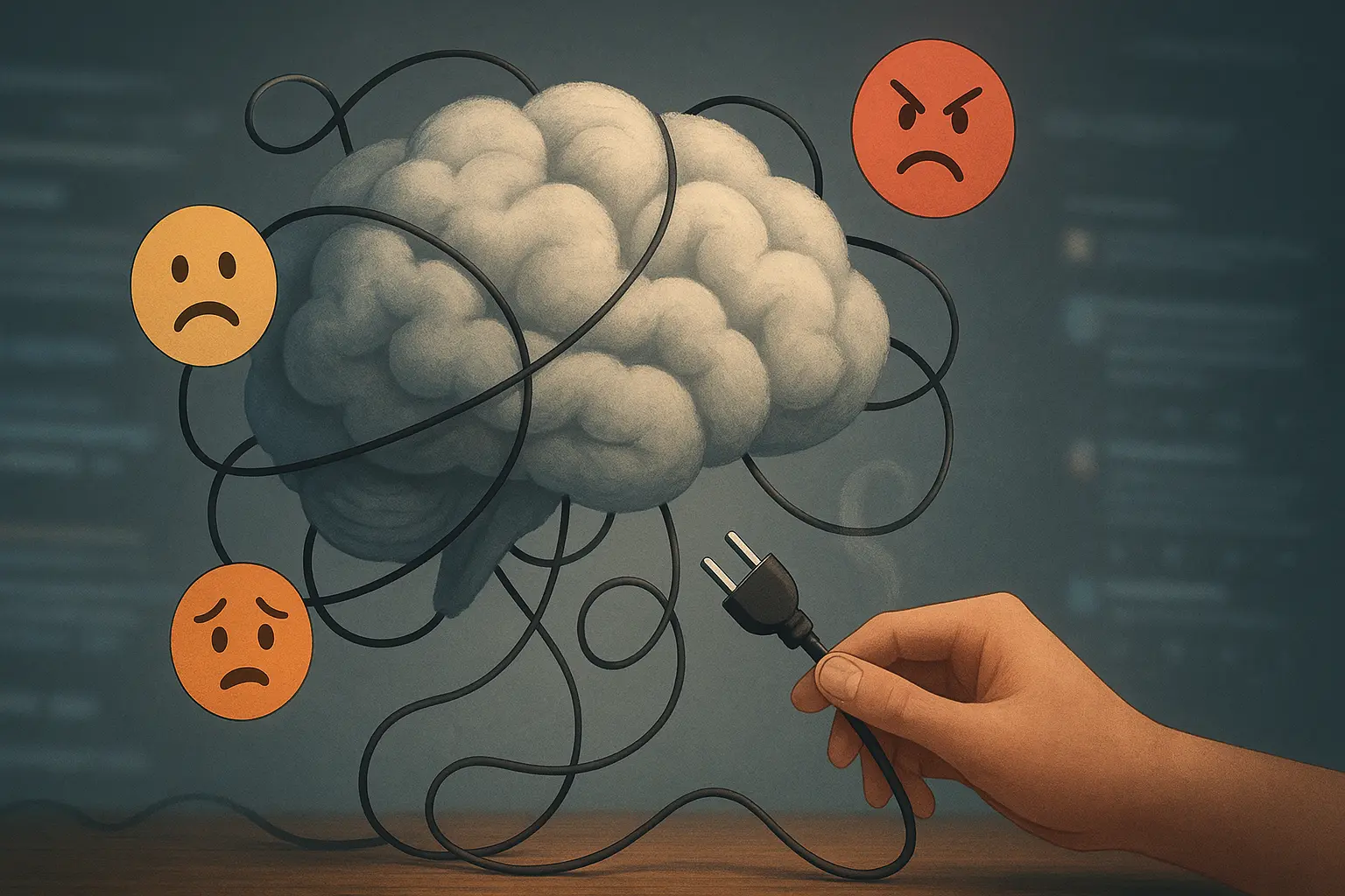 Brain cloud tangled with emotional icons and wires, one being unplugged.