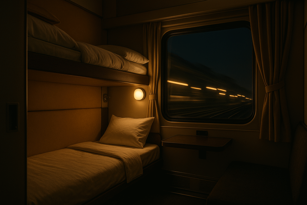 Cozy European sleeper train cabin at night