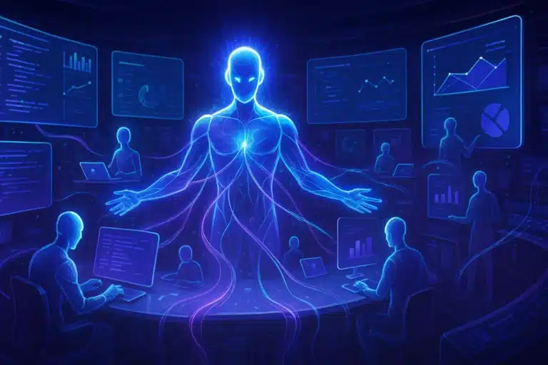AI-Augmented Careers - Futuristic AI hub coordinating autonomous agents