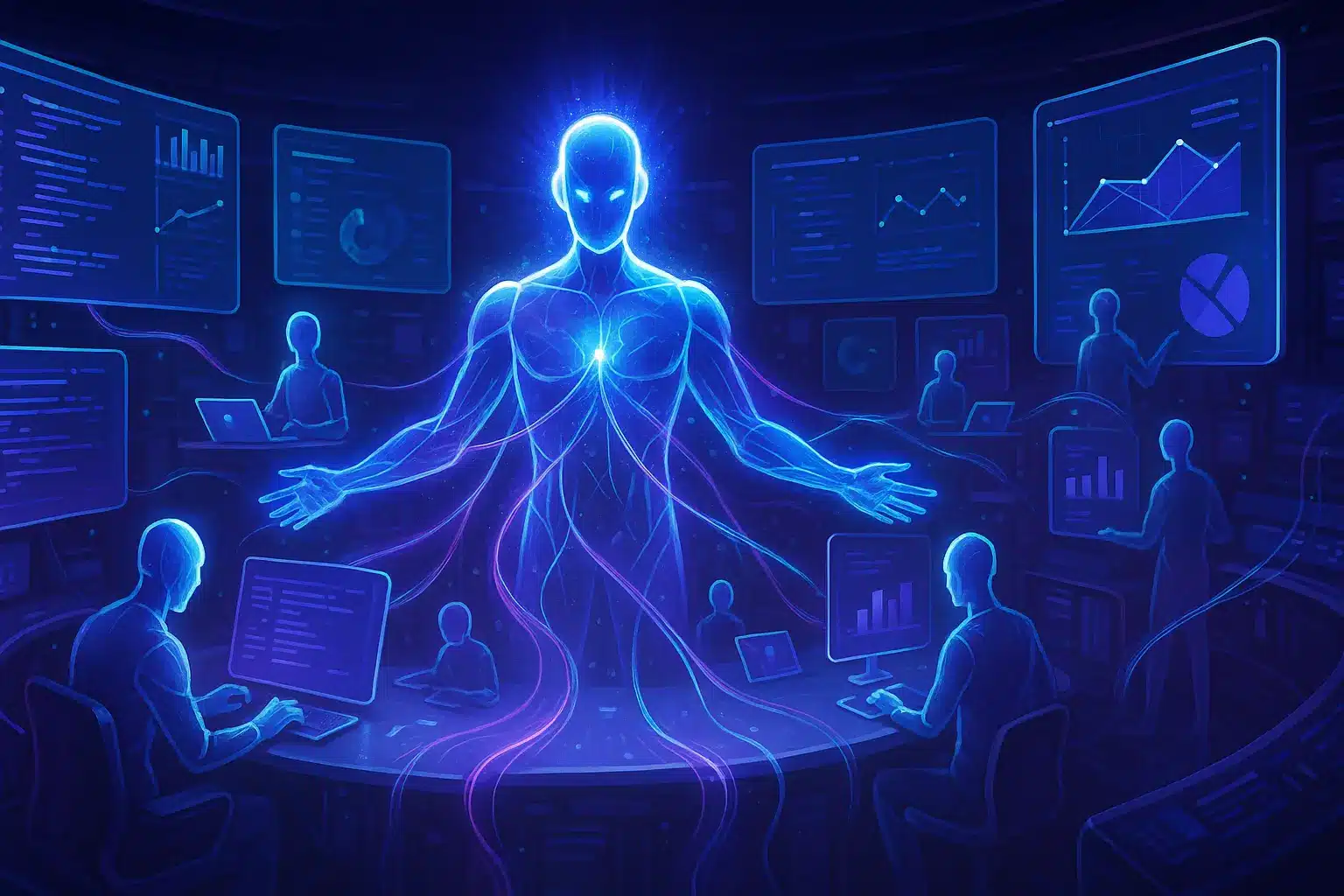 Futuristic AI hub coordinating autonomous agents