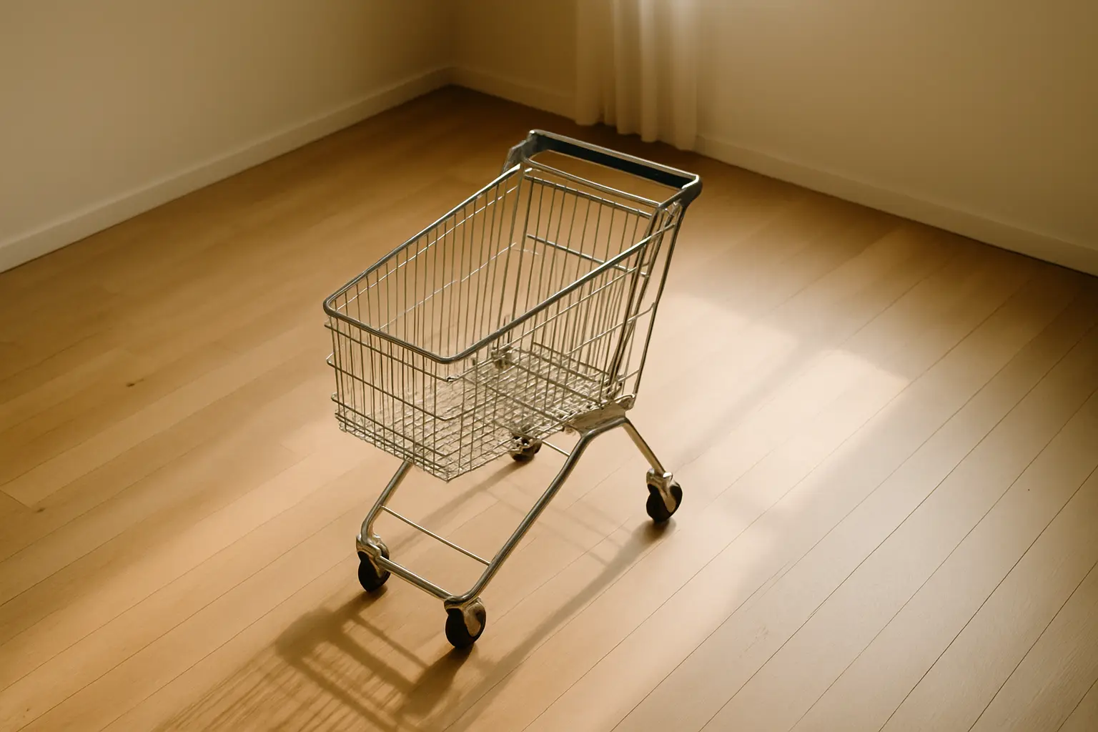An empty shopping cart in the middle of a sunlit wooden floor, symbolizing intentional absence and mindful consumption.