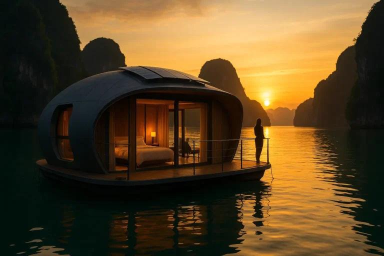 Floating Hotels - Luxurious floating hotel pod at sunset in a tranquil lagoon