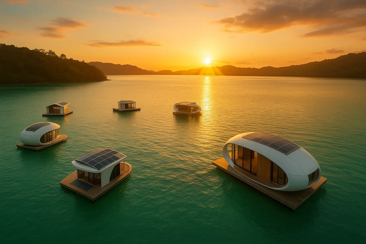 Aerial view of futuristic floating hotel pods with solar panels in a bay