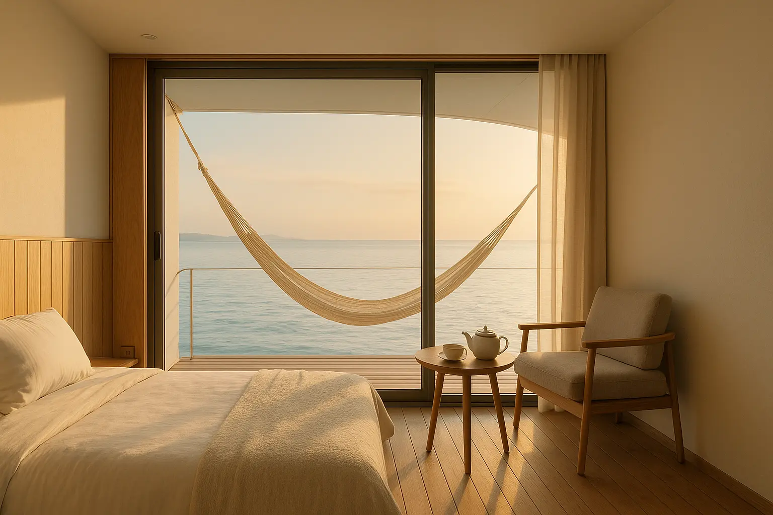 Interior of a minimalist floating hotel room with a hammock and ocean view
