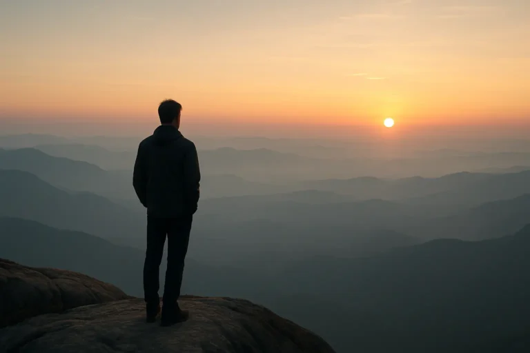 Fulfillment Gap - A lone person stands at the edge of a mountain at sunrise, staring into a vast empty horizon, suggesting introspection after achievement.